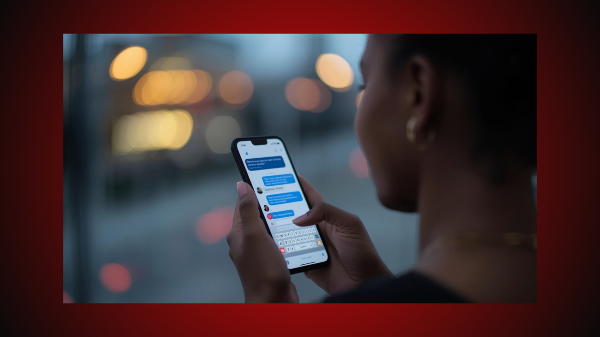 Person on cell phone talking to chat bot outside.