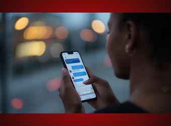 Person on cell phone talking to chat bot outside.