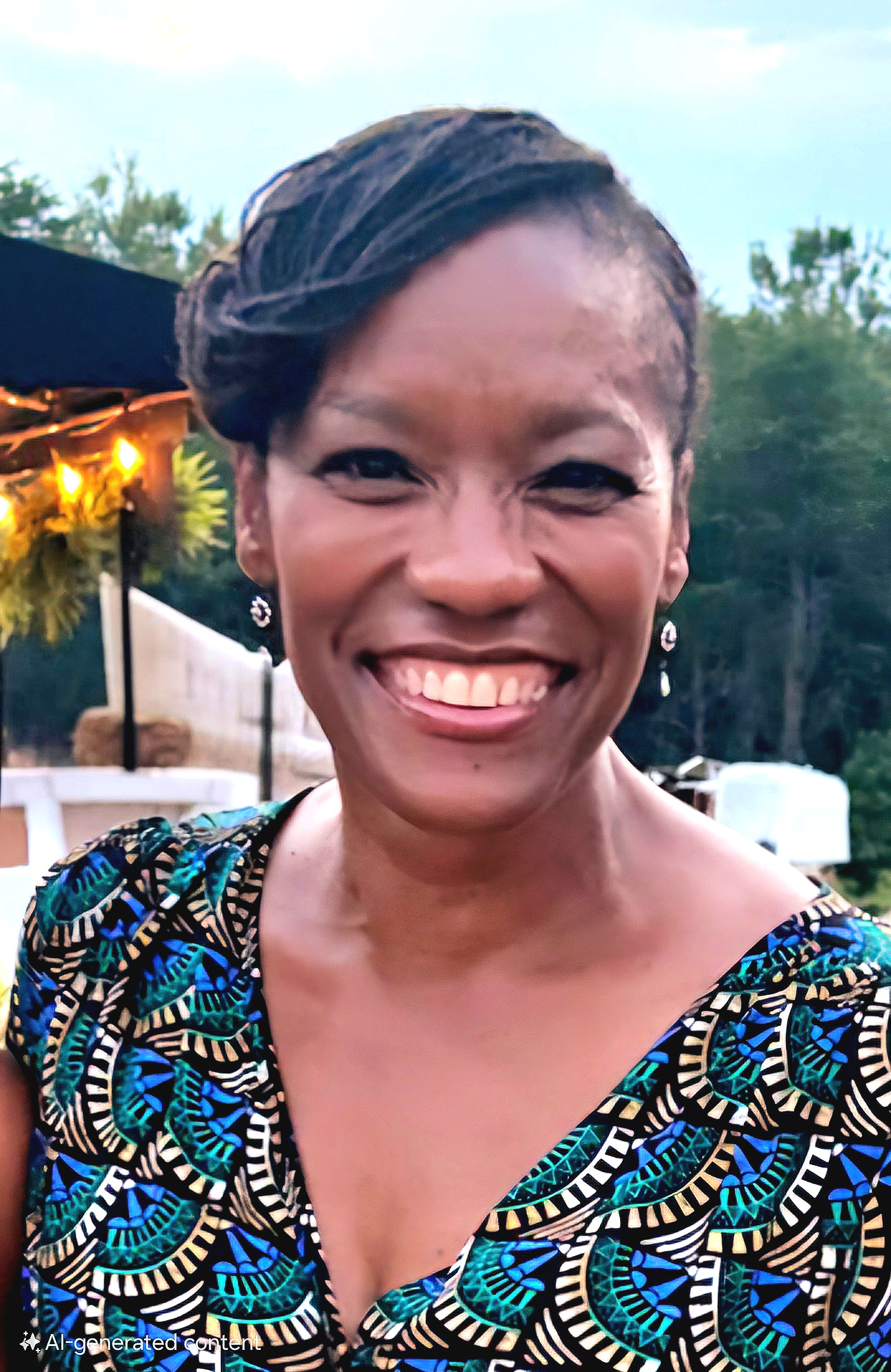 Beautiful Black woman in green, gold, and blue dress smiling