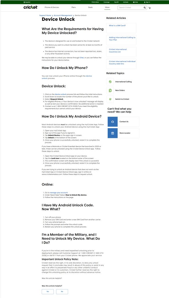 Information on how to unlock your device.